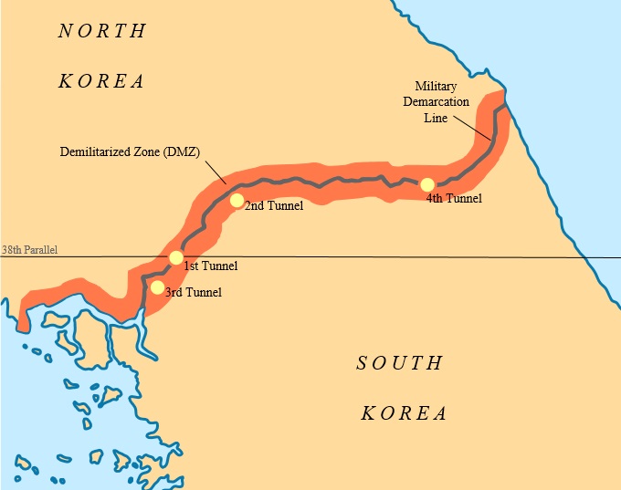 붉은 색으로 표시된 지역이 비무장지대(DMZ)이고, 푸른 선이 군사분계선(MDL)이다.