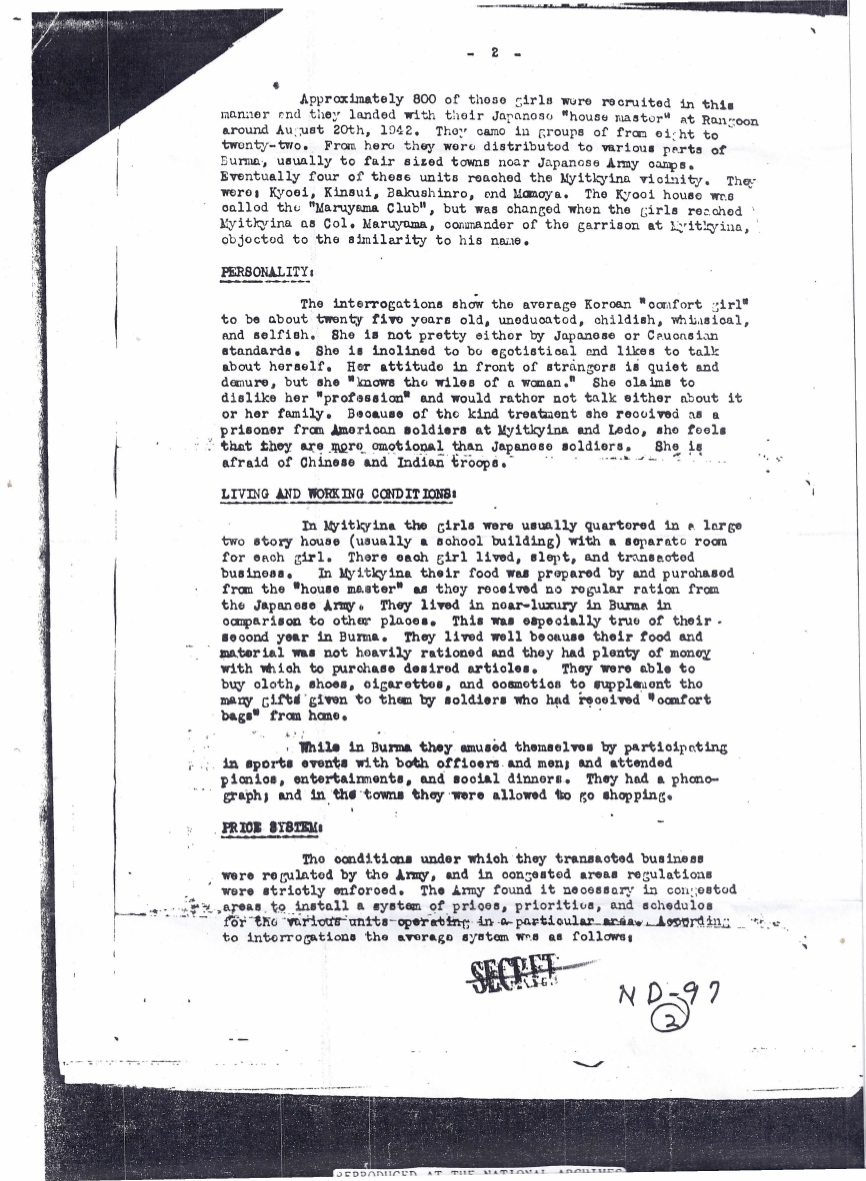 1944년 10월 1일 미군에 의한 버마 미치나의 한국인 일본군위안부 보고서 페이지 2 Japanese_Prisoner_of_War_Interrogation_Report_No._49_p2