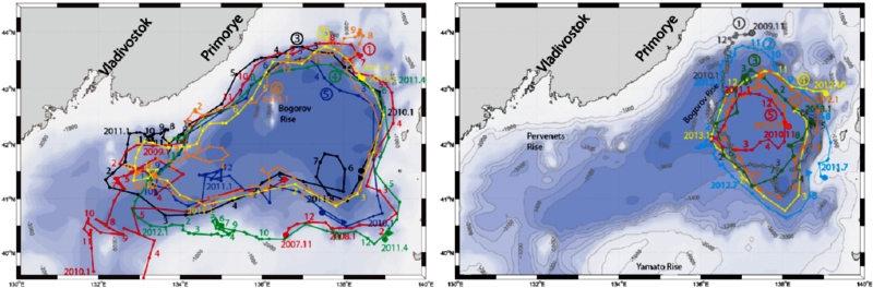 국내 연구팀이 동해(東海) 해류(海流) 순환의 비밀을 찾았다. 왼쪽 그림은 동해 북부분지의 아고플로트 이동 모습이다. 겨울이 아닌 경우 분지 전체를 반시계 방향으로 순환하는 흐름 패턴을 보인다. 오른쪽 그림은 동해 북부분지에서 아고플로트가 이동하는 현황이다. 겨울에는 동쪽에서 반시계 방향의 작은 소용돌이 패턴으로 변한다.